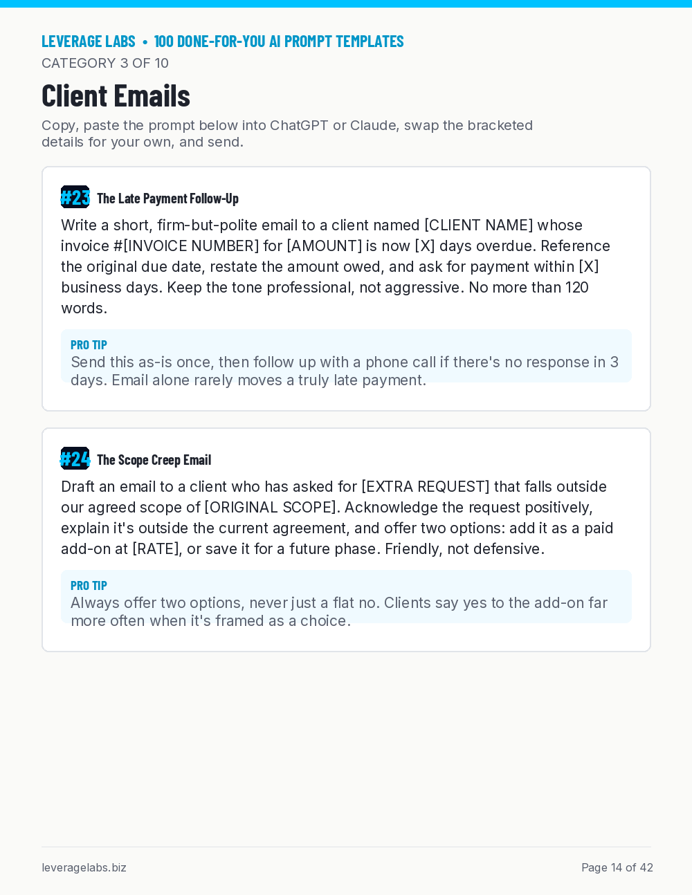 Sample page from 100 Done-For-You AI Prompt Templates showing real client email prompts with Pro Tips — Leverage Labs