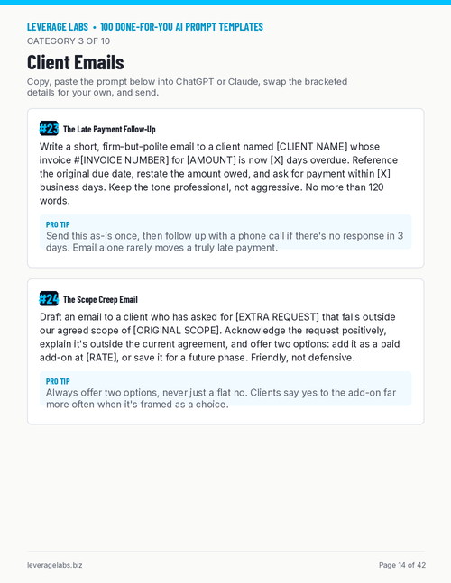 Sample page from 100 Done-For-You AI Prompt Templates showing real client email prompts with Pro Tips — Leverage Labs