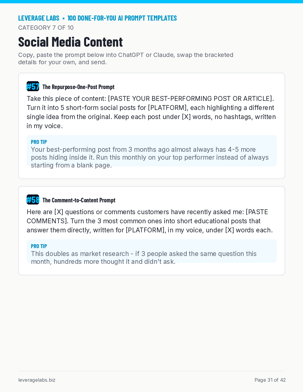 Sample page from 100 Done-For-You AI Prompt Templates showing social media content prompts with Pro Tips — Leverage Labs