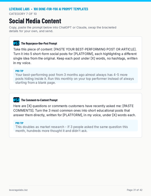 Sample page from 100 Done-For-You AI Prompt Templates showing social media content prompts with Pro Tips — Leverage Labs