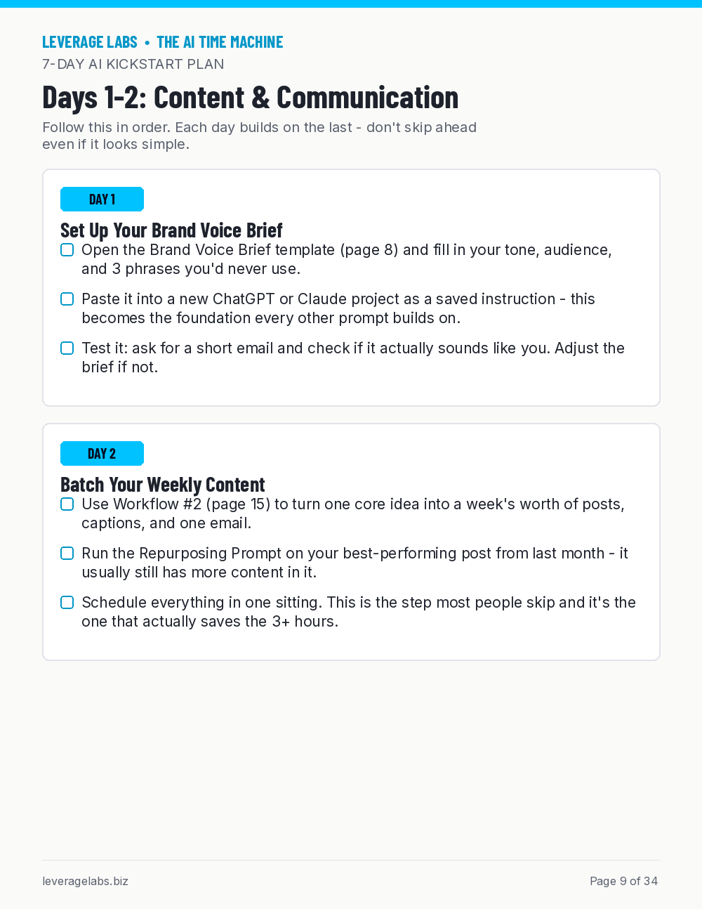 Sample page from The AI Time Machine playbook showing the 7-Day AI Kickstart Plan — Leverage Labs